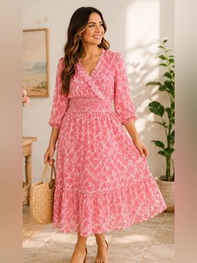 Kate & Lily Pink Printed Smocked Midi Dress | Size 6 Feminine Cottagecore Boho